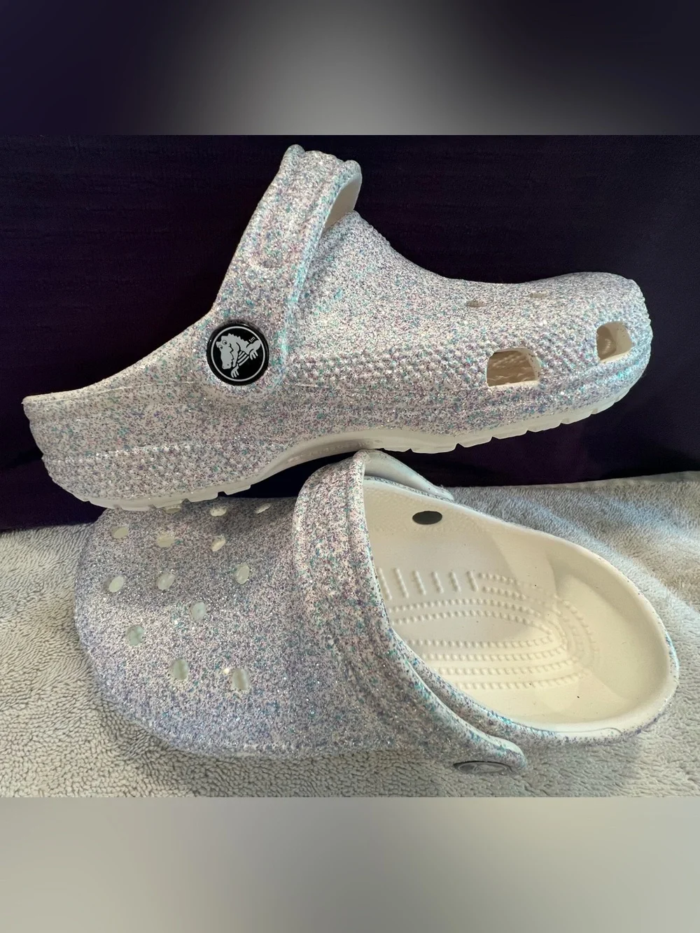 NWT🌟Glitter Crocs Classic Clog- Girls Iridescent White, Blue & Purple Glitter